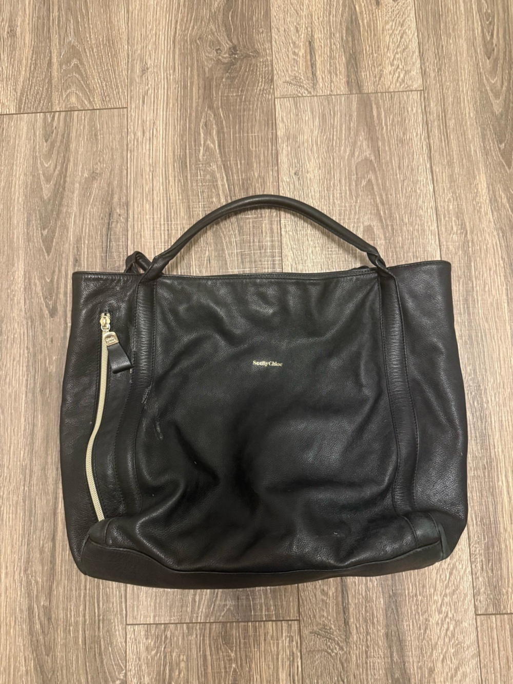 See By Chloé Black Solid Tote Bag Zip Closure Top Handle Gold Hardware
